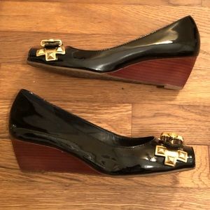 BCBG Black Patent Peep Toe Wedge